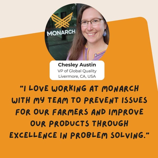 Image of Chesley Austin and Monarch Tractor logo and quote on orange background. 