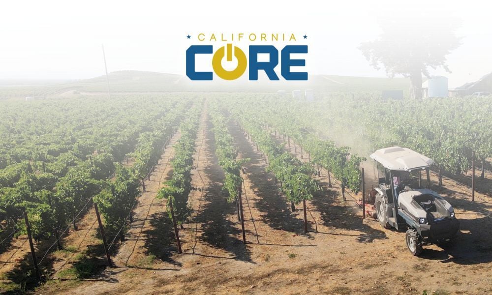 Monarch's gray and turquoise compact tractor rolls out of the vineyard rows. This tractor is eligible to purchase with CORE, one of the agriculture grants in California.