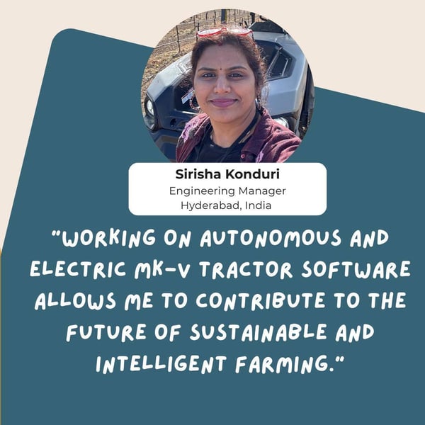 Image of Sirishi Konduri of Monarch Tractor with her quote in white lettering on a teal background.
