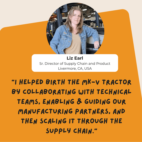 Liz Early of Monarch Tractor and quote on an orange background.