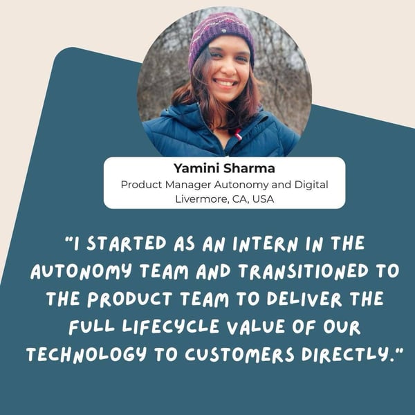 Image of Yamini Sharma of Monarch Tractor and her quote on a teal background.