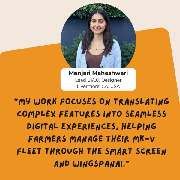 Image of Manjari Maheshwari, Monarch Tractor, with her quote in white handwritten font on orange background.