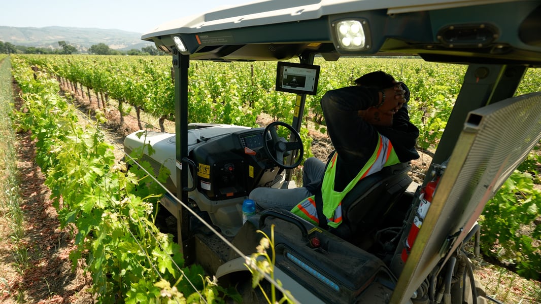 Tractor operator demonstrating the MK-V compact tractor with autosteer - driving with his hands folded behind his head, relaxing.