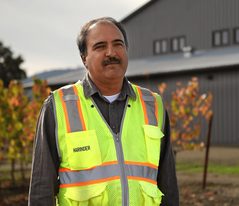 Image of man, dark skin, black hair, mustache wearing dark gray shirt and a neon yellow safety vest. Grapevines and barn in the background.